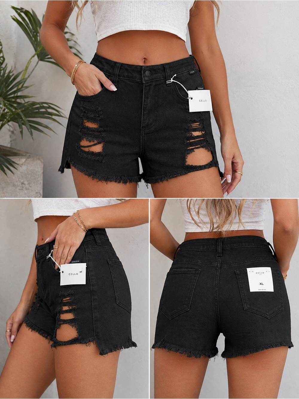 Cello Black Distressed High-Waist Denim Shorts NWT XL Raw Hem